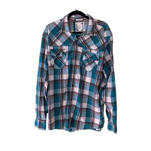BKE men’s athletic fit long sleeve button down green teal  plaid XL
